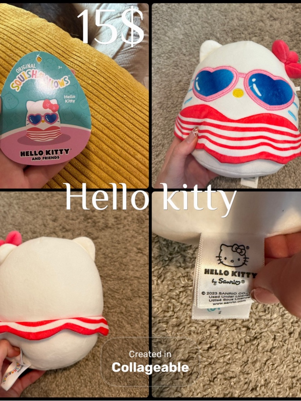 Hello Kitty White Plush with Pink Bow and Blue Heart Sunglasses
